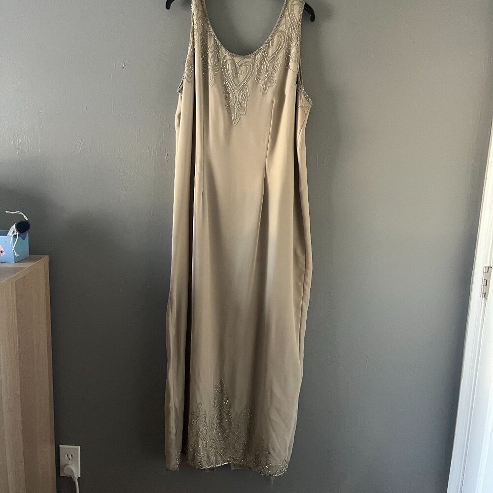 tan jkara dress with bead details!
